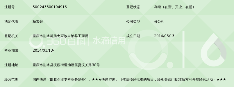 重庆快易达快递有限责任公司彭水分公司